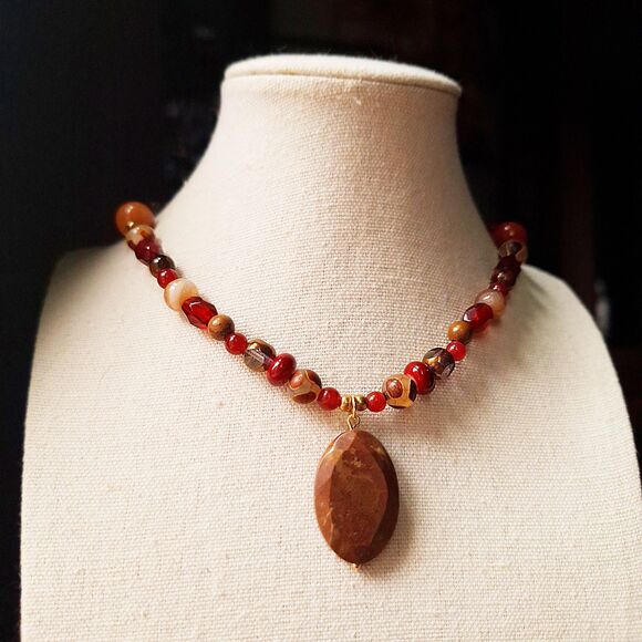Brown Jasper & Red Jade Beaded Pendant Necklace - 24k Gold Plated Stainless - Picture 16 of 16